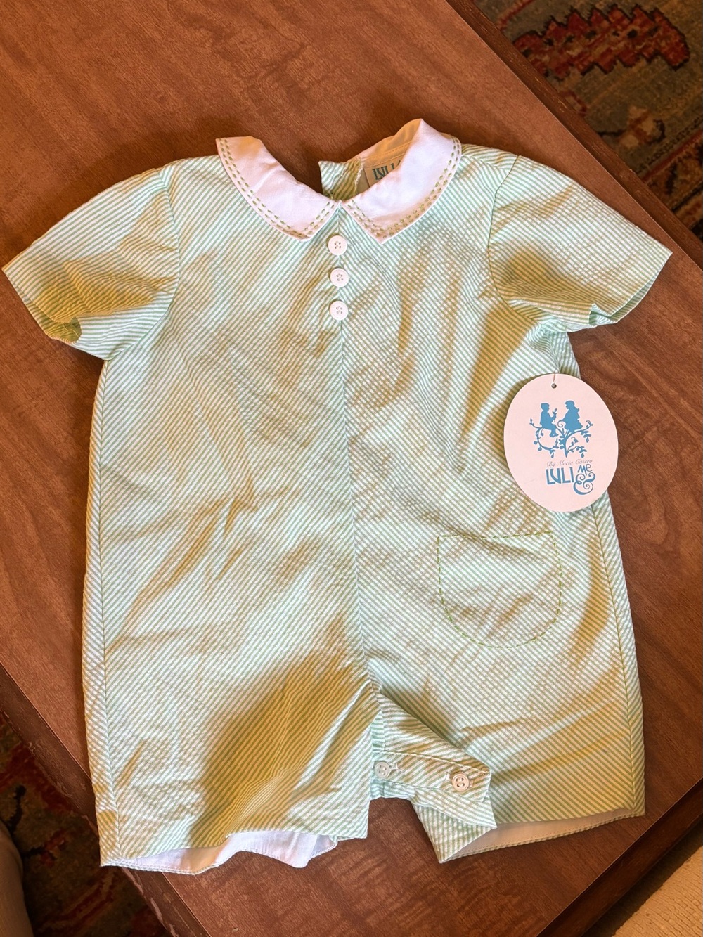 Luli & Me Green and White Striped Romper Size 3 months